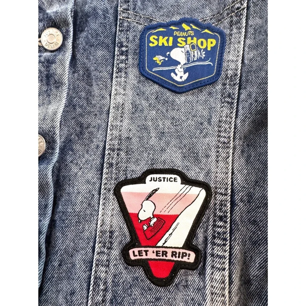 Justice Peanuts Snoopy Denim Jacket Kids‎ Size 7/8 Blue Sherpa Patches Kidcore